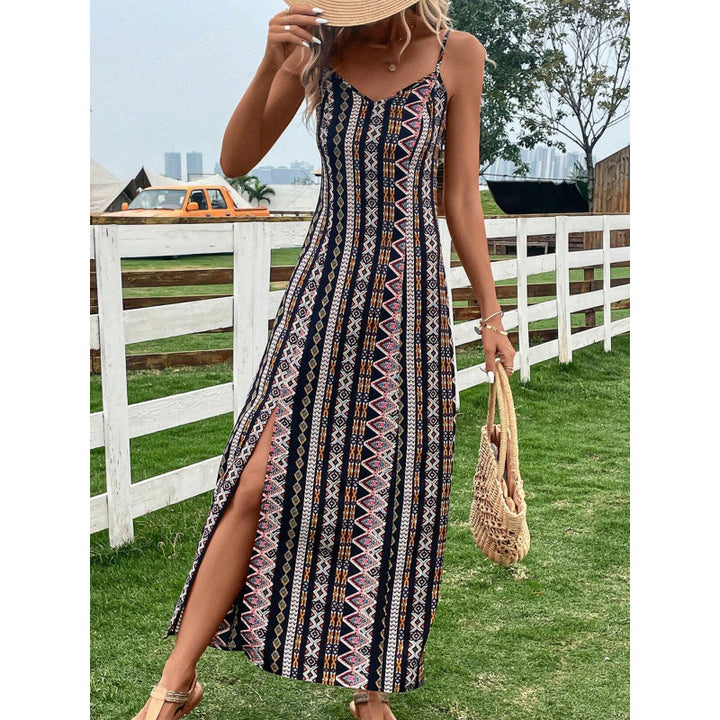 Femme Tribal Print Maxi Kjole med justerbare stropper Stilla