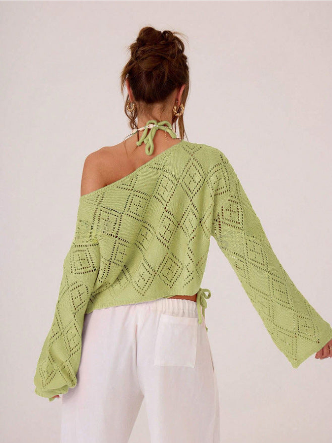 Dame luftig strikpullover med asymmetrisk design og fint mønster Stilla