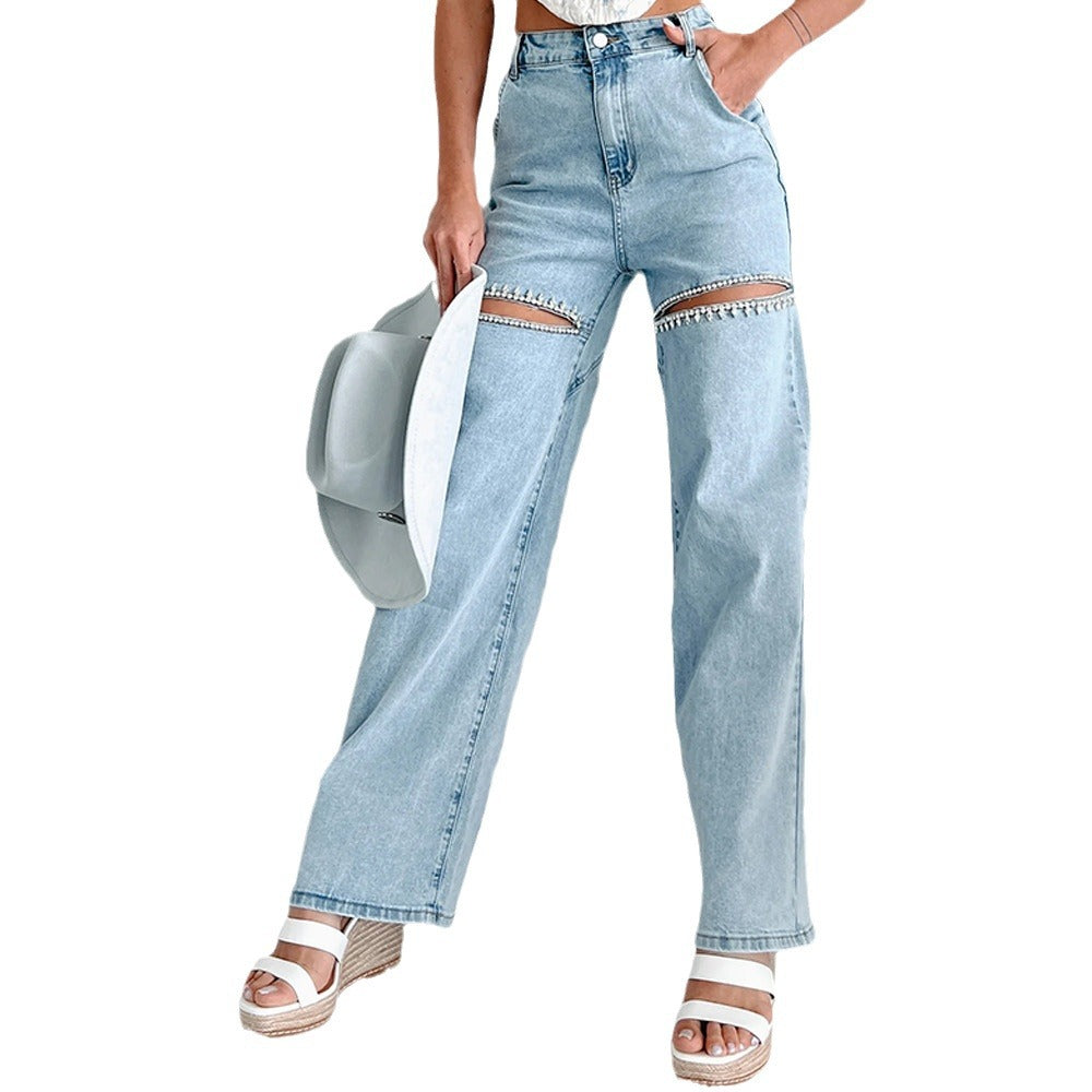 Dame Modejeans med cut-outs og pyntet kant Stilla