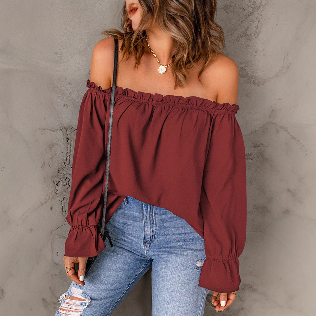 Dame Off-Shoulder Bluse med flæsedetaljer og elastiske ærmer Stilla