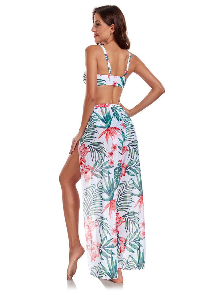 Femme Floral Print Bikini og Transparent Maxi Cover-Up Sæt Stilla