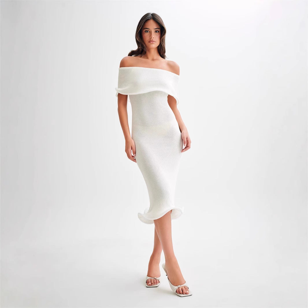 Dame Off-Shoulder Maxikjole med bølgekant og tætsiddende snit Stilla