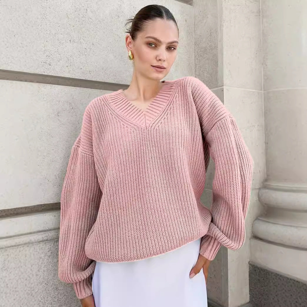Damer afslappet sweater med v-hals og voluminøse ærmer Stilla