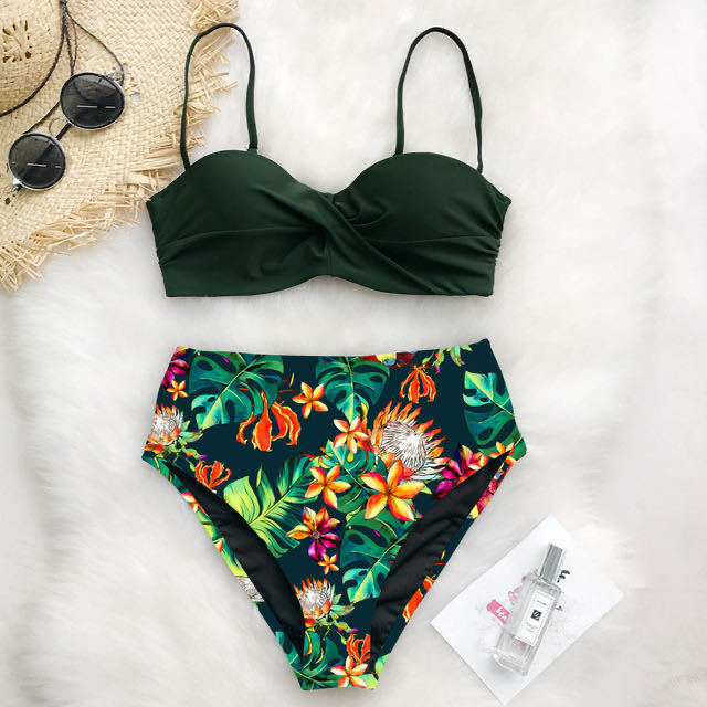 Dame Højtaljet Bikini-Sæt med Rynker og Blomsterdesign Skovae