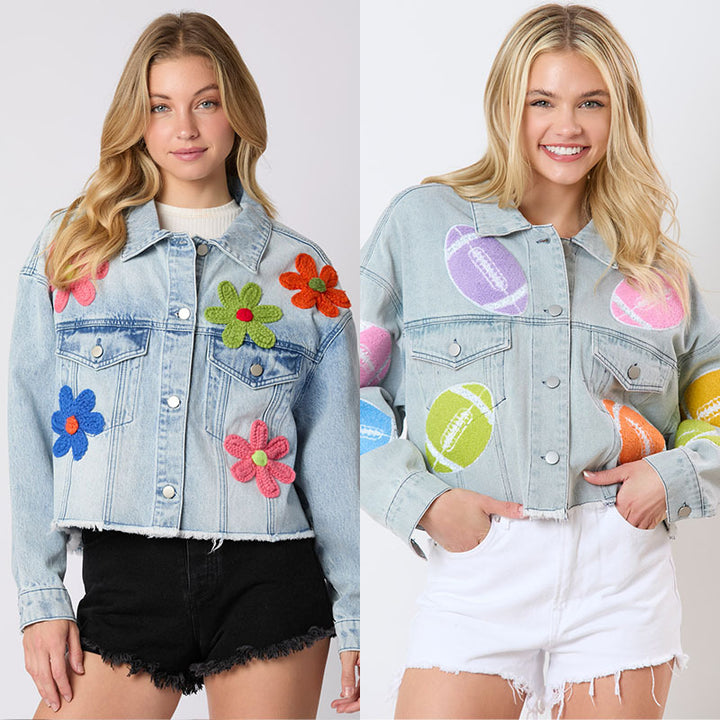 Dame Oversize Denimjakke med farverigt sportmotiv Stilla