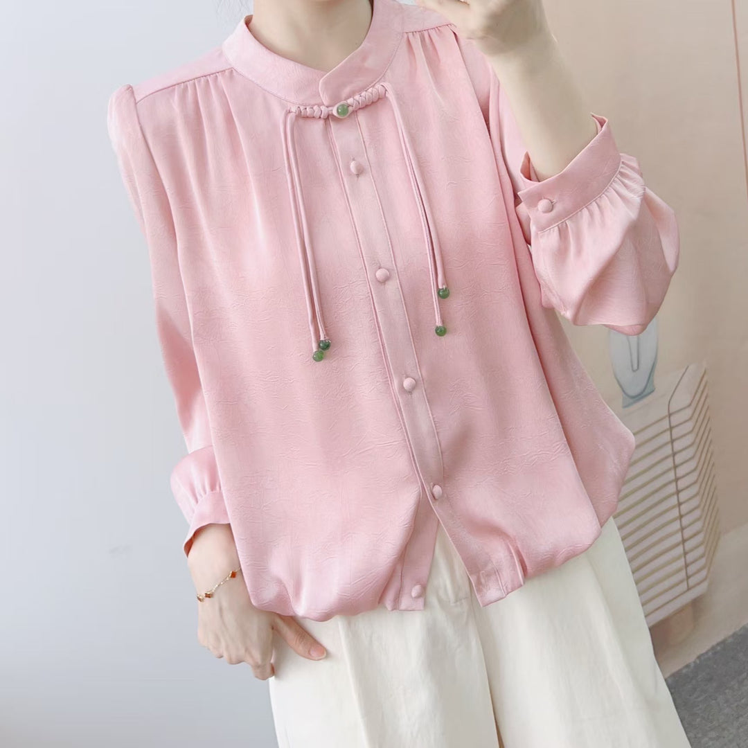 Dame Elegant Langærmet Bluse med Flæsedetaljer og Dekorative Knapper Stilla