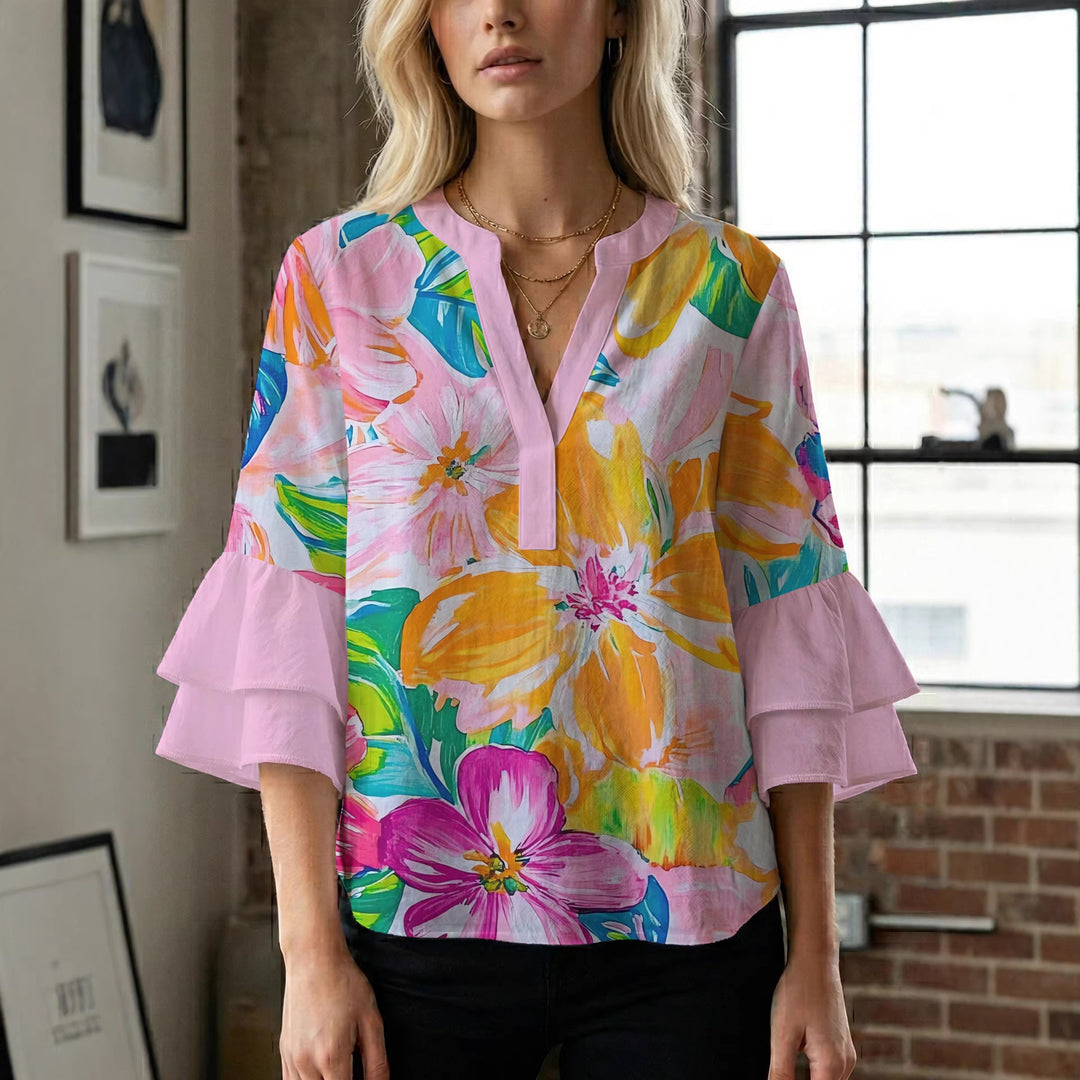 Damebluse med voluminøse flæseærmer og blomstermønster Skovae