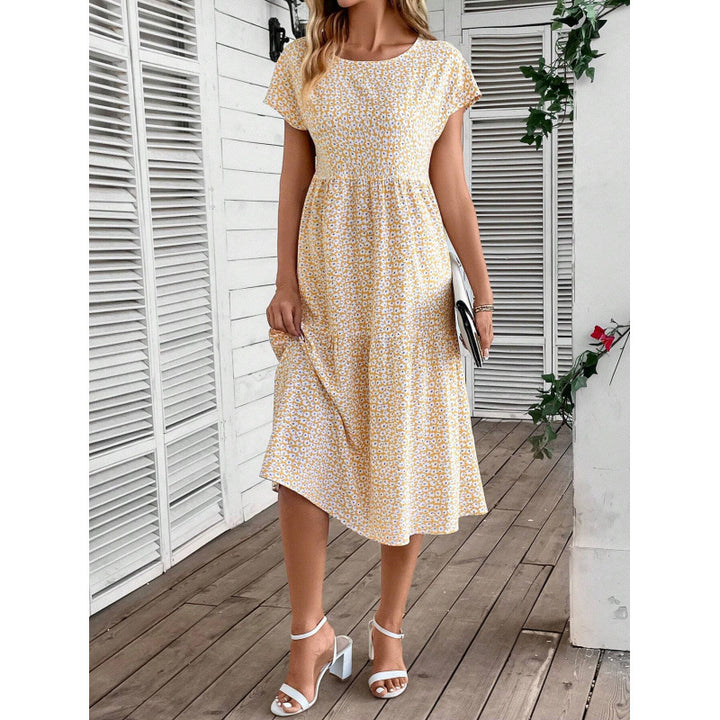 Damer Floral Print Midi Kjole med korte ærmer Stilla
