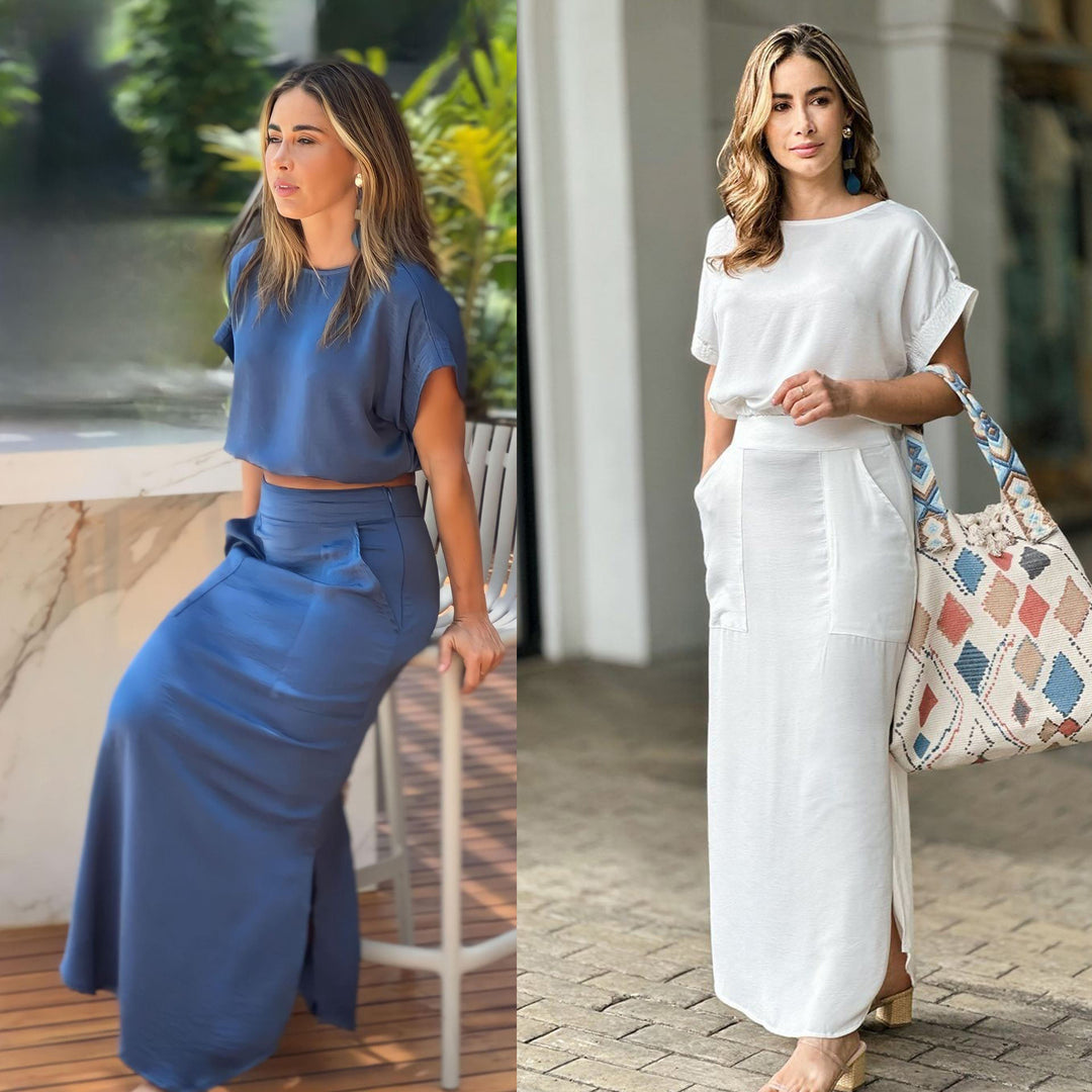 Dame Maxi-nederdel og cropped top sæt med elegant pasform og praktisk lomme design Stiila