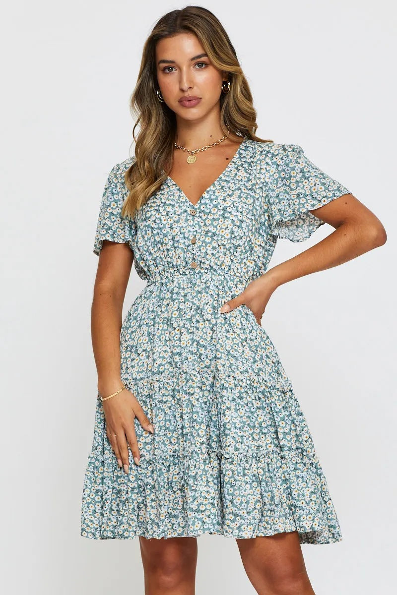 Dame Floral Gestufte Knapkjole Stilla