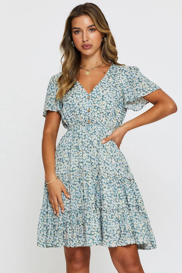 Dame Floral Gestufte Knapkjole Stilla