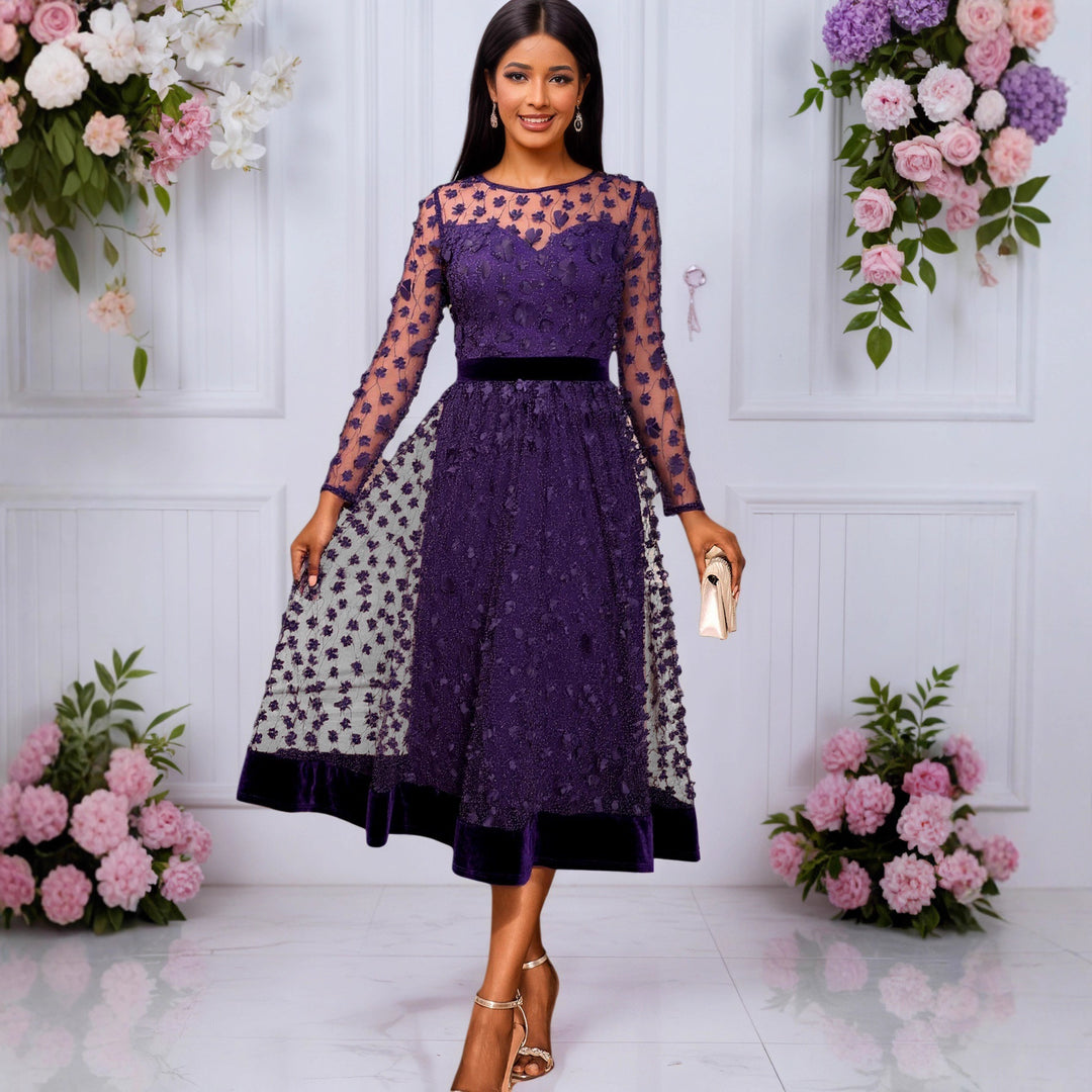 Dame elegant A-linie aftenkjole med blomsterprint spidsapplikationer Skovae