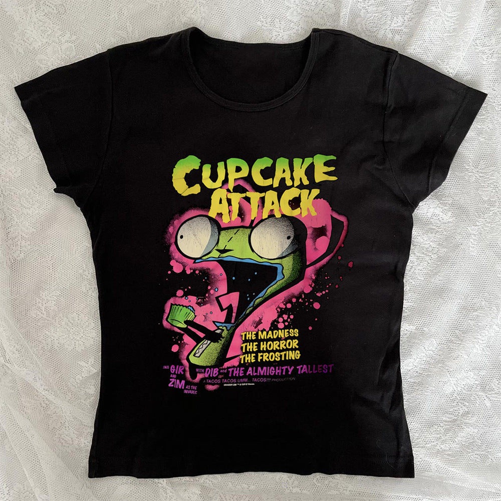 Dame T-shirt med kreativ cupcake-motiv og moderne print Skovae