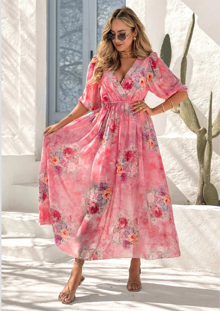 Dame Maxikjole med blomster-chiffon og elegant drapering Stilla