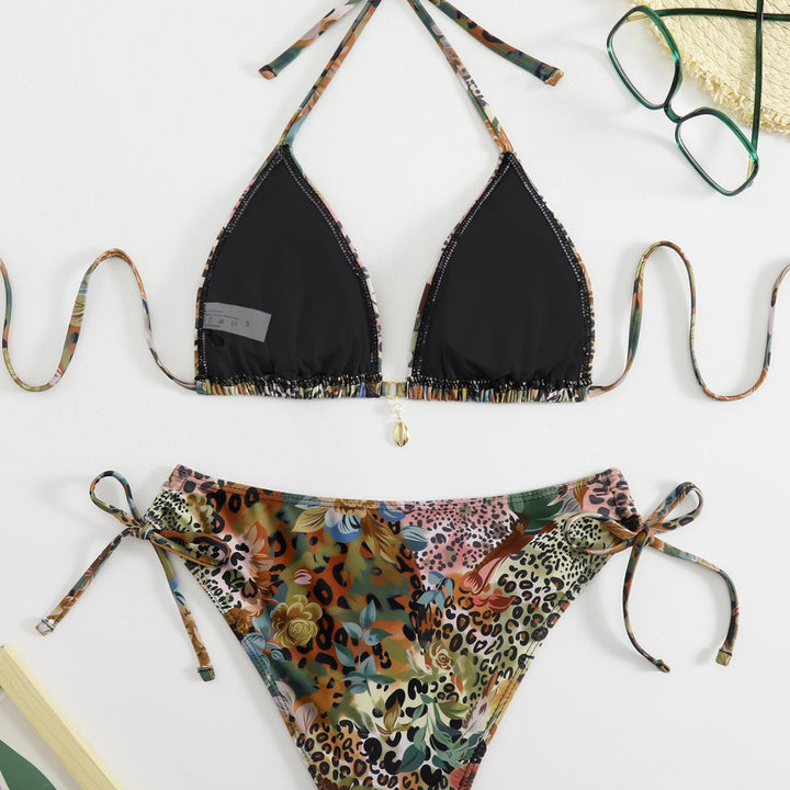 Dame triangel-bikini-sæt med blomsterligt leopardmønster Skovae