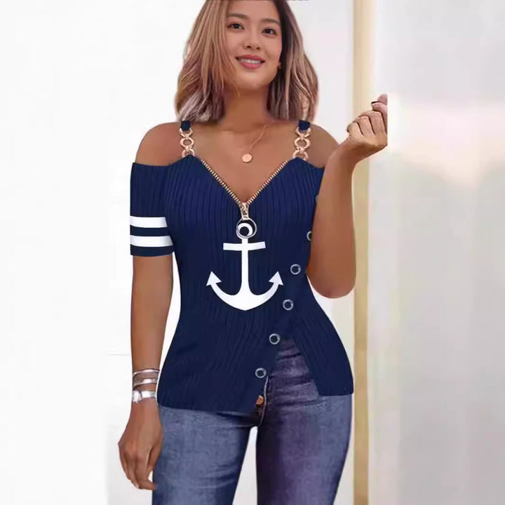 Dame Off-Shoulder Top med maritimt motiv og dekorative knapper Skovae
