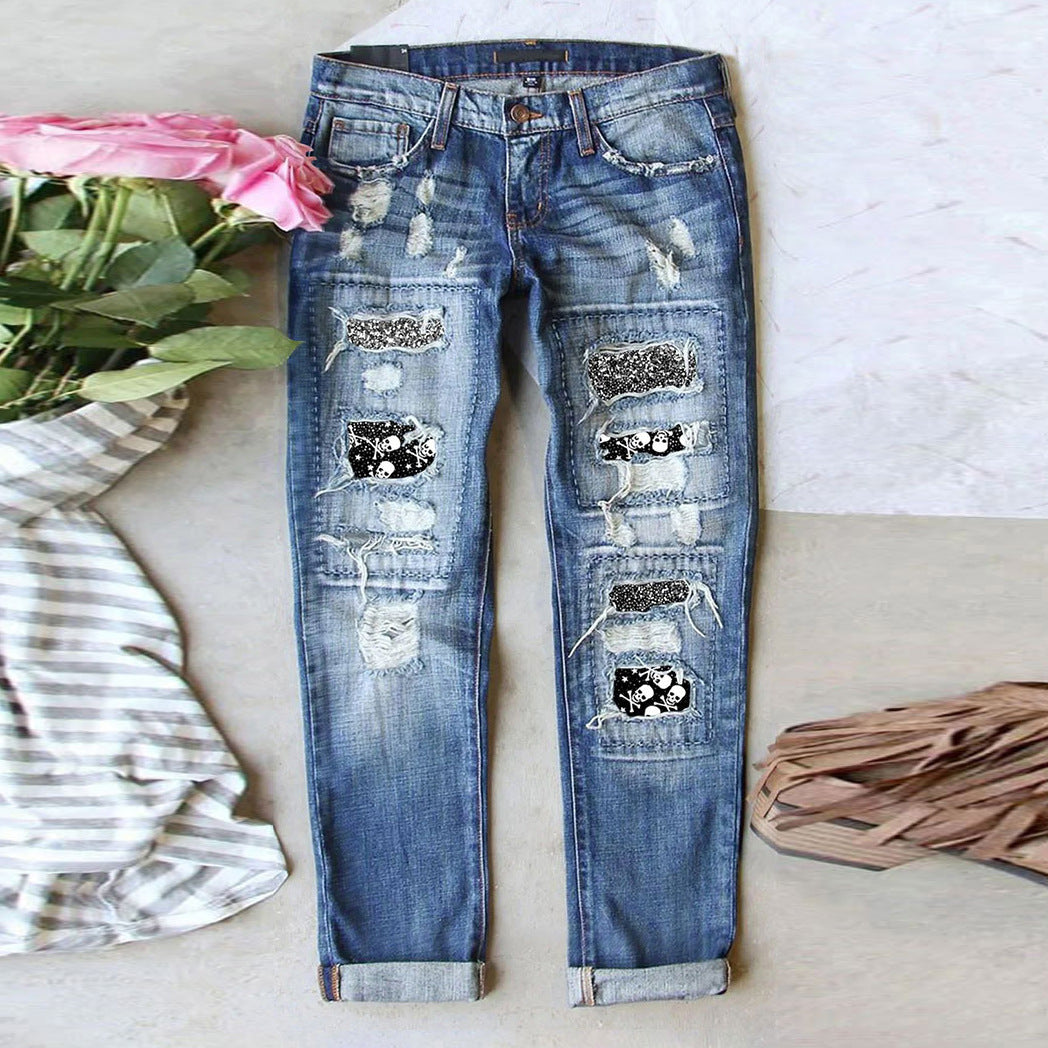 Dame Ripped Skinny Jeans med kreative applikationer og destruction-effekter Stilla