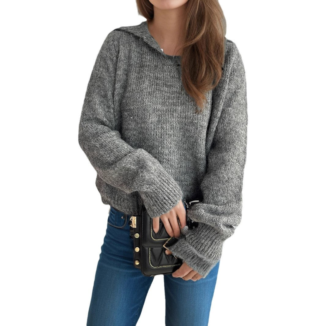 Kvinders afslappede strikket sweater med V-hals og voluminøse ærmer Stilla