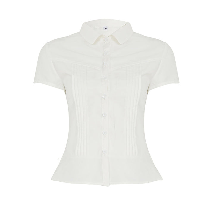 Dame kortærmet skjorte-bluse med figurtilpasset snit og elegante rynker Skovae