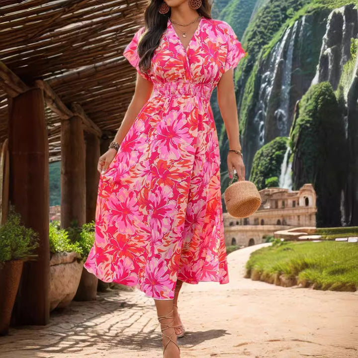 Dame Maxi-kjole med elastisk talje og blomstret design Stilla