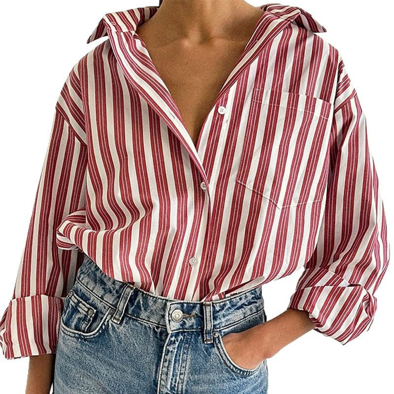 Dame Casual Oversized Skjorte med stribet design og praktiske brystlommer Stilla