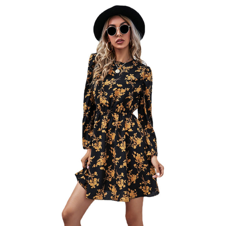 Dame Floral Print Swing Kjole med lange ærmer og talje knude Stilla