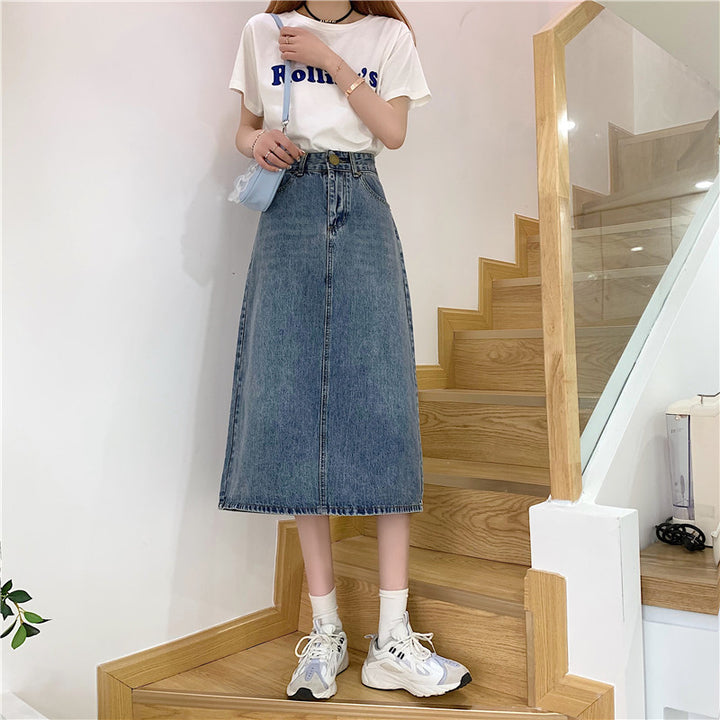 Dame Lang Denim Nederdel med Høj Udkæring og Dekorative Sømme Stilla