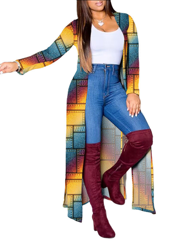 Dame Lang Kimono med grafisk Design Stilla