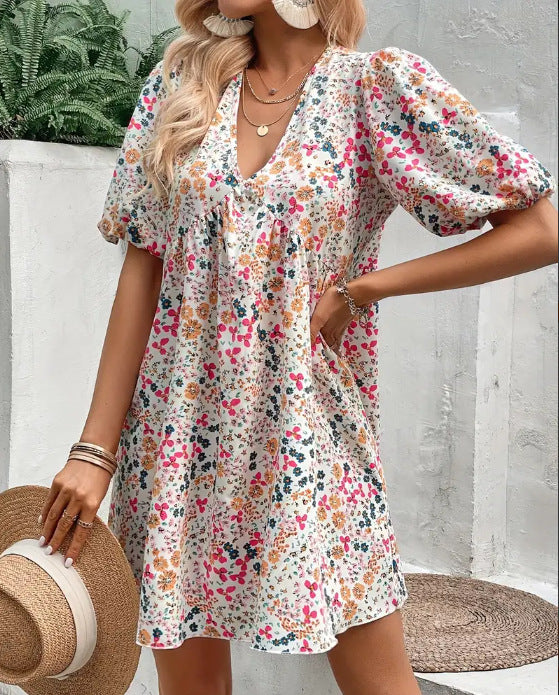 Dame Floral Print Puff Sleeve Mini Kjole Stilla