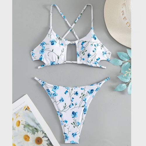 Dame triangel-bikini med blomsterdesign og justerbare stropper Skovae