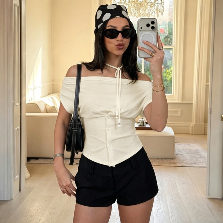 Dame Off-Shoulder Bluse skjorte med dekorativ snortræk Skovae