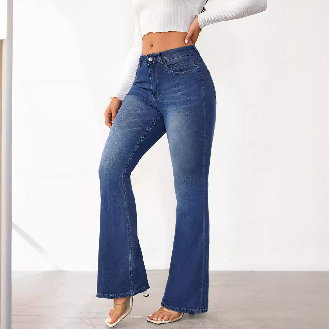 Dame Flared Jeans i vintage-stil med højt liv og elastisk stretch Stilla