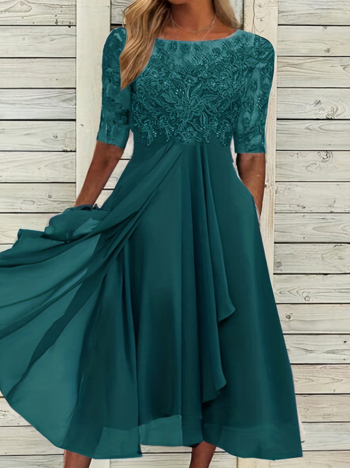 Dame Elegant Chiffon Aftenkjole med detaljeret Blondebroderi Stilla