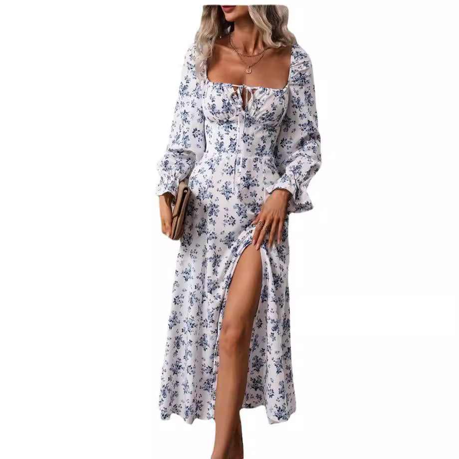 Dame maxikjole med dyb slids og floral design Stilla