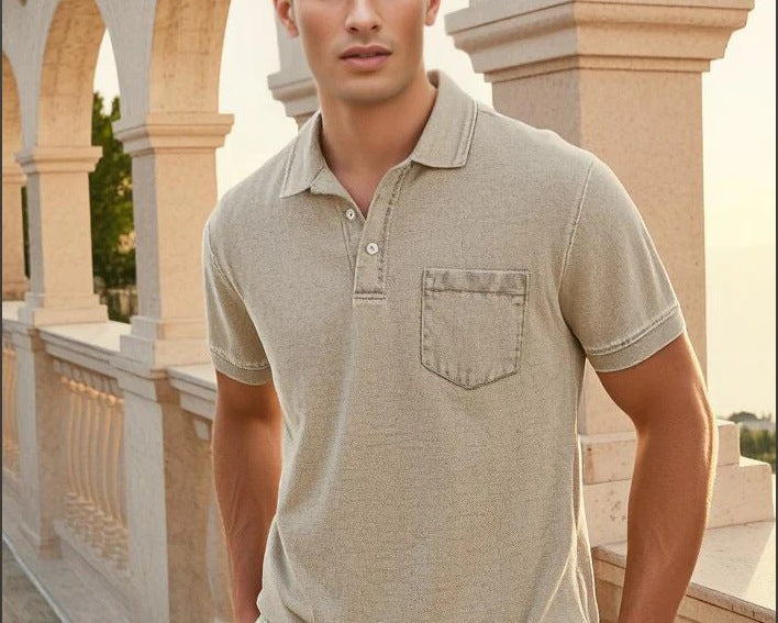 Herrers poloshirt med knaplukning og fint denim-look Stilla