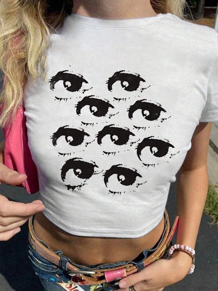 Dame Crop-T-Shirt med kreativt øjenmotiv Skovae