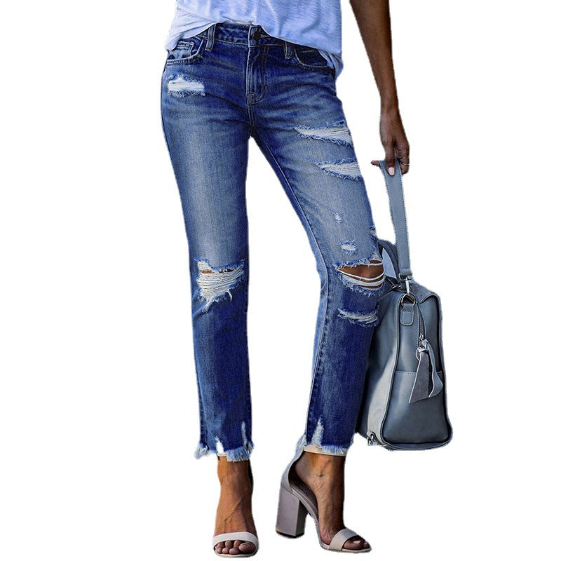 Dame Ripped High-Waist Jeans med frynset kant og modeødelæggede detaljer Stilla