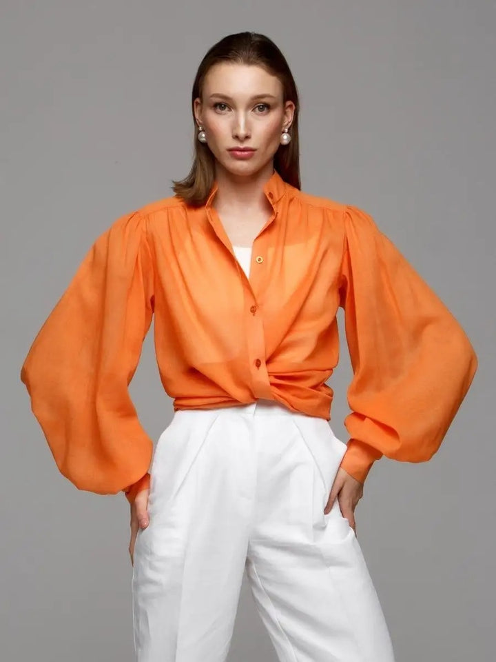 Damer Elegant Bluse med voluminøse Puffærmer og gennemsigtigt Stof Stilla