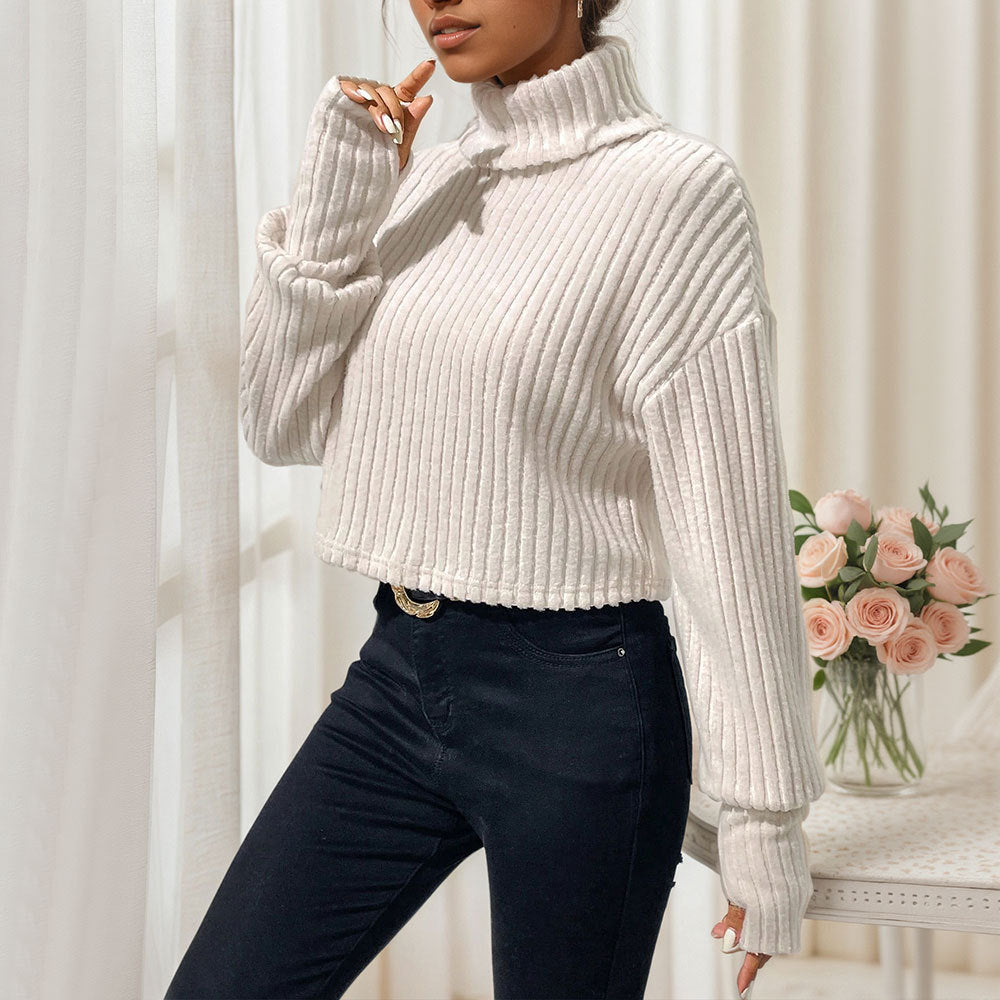 Kvinder cropped sweater med høj krave og fin ribstruktur Stilla