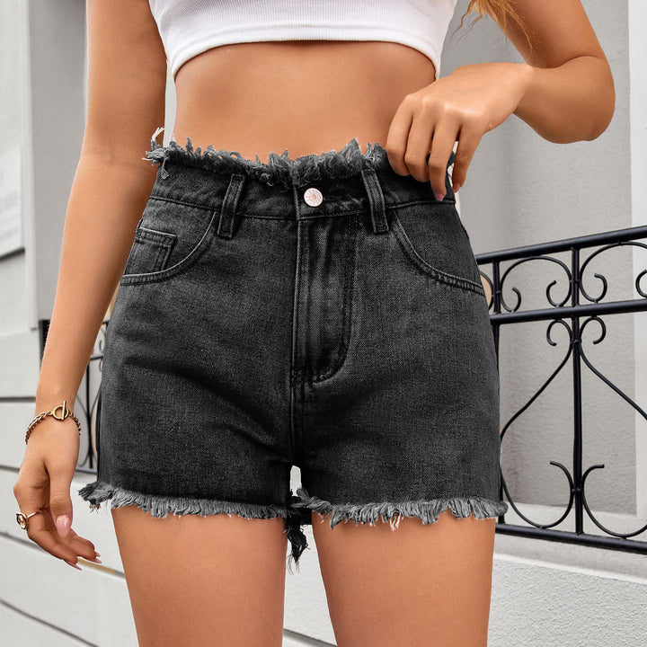 Dame højtaljede jeans-shorts med frynset kant Stilla