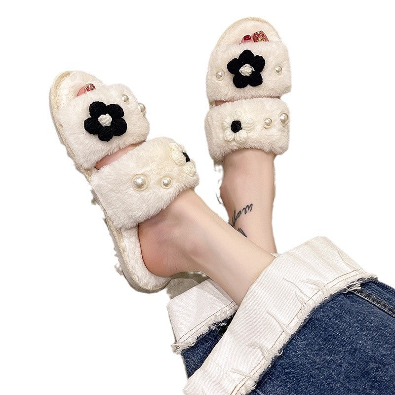 Dame pantoletten med blomsterdesign og komfortabelt plushmateriale Stilla