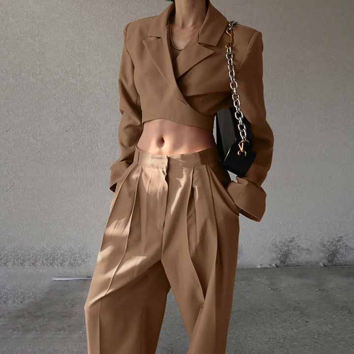 Dame elegant cropped blazer og brede bukser sæt Stilla