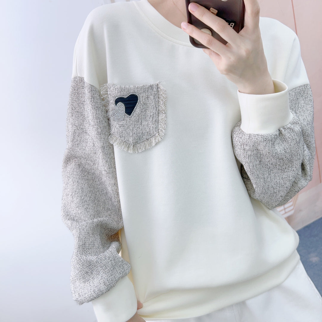 Dame casual sweatshirt med unikke ærmer og hjerte-applikation Stilla