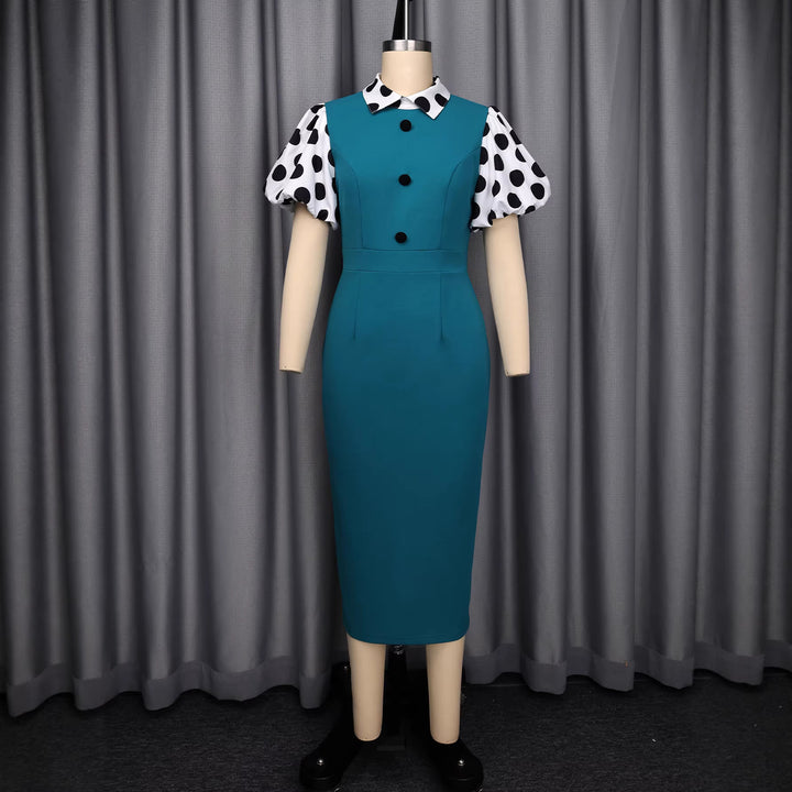 Dame tætsiddende Midi-kjole med polka-dot ærmer Skovae