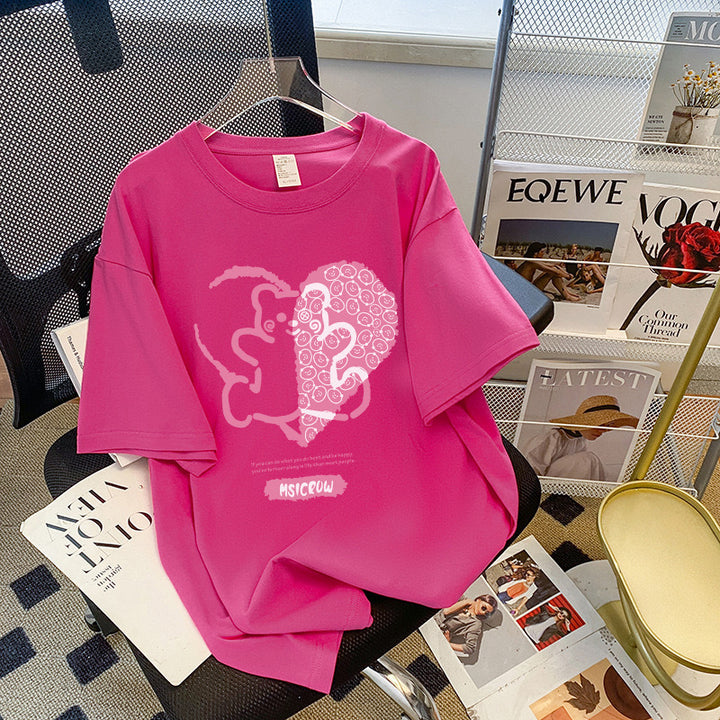 Dame T-shirt med kreativt hjerte- og dyremotiv Stilla