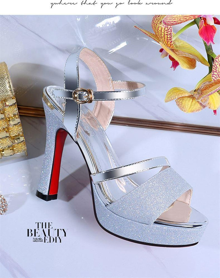 Dame Glamourøse High Heels med glitrende overflade og elegant blokhæl Stilla