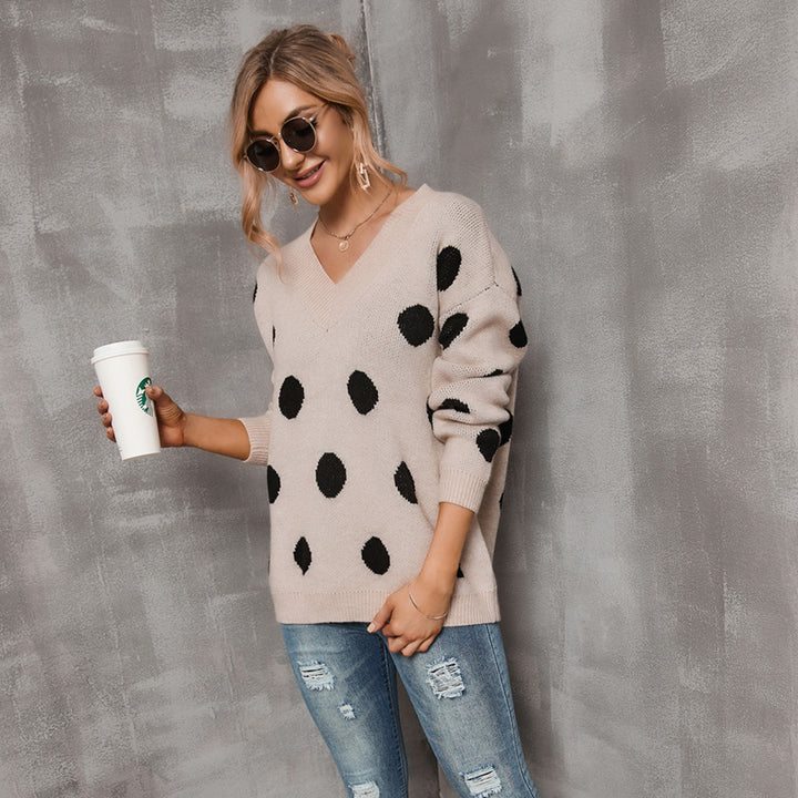 Dame mode sweater med dyb V-hals og grafisk prikdesign Stilla