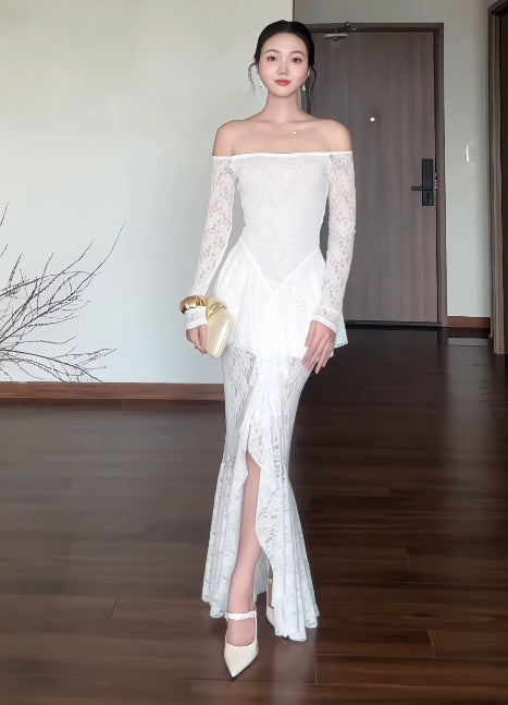 Dame Elegant blonde aftenkjole med off-shoulder udskæring og sideslids Stilla