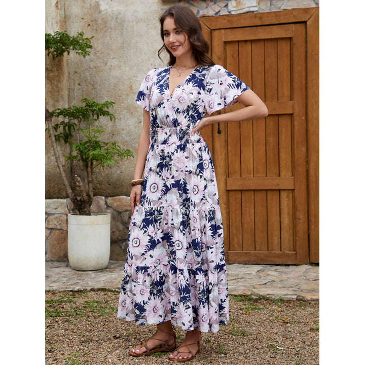 Dame Floral Print Maxi Kjole med elegante Luftslå Stilla