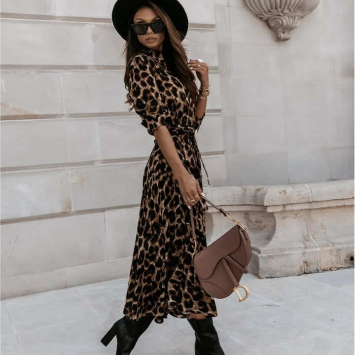 Dame Leopardprint Midi Skjortekjole Stilla
